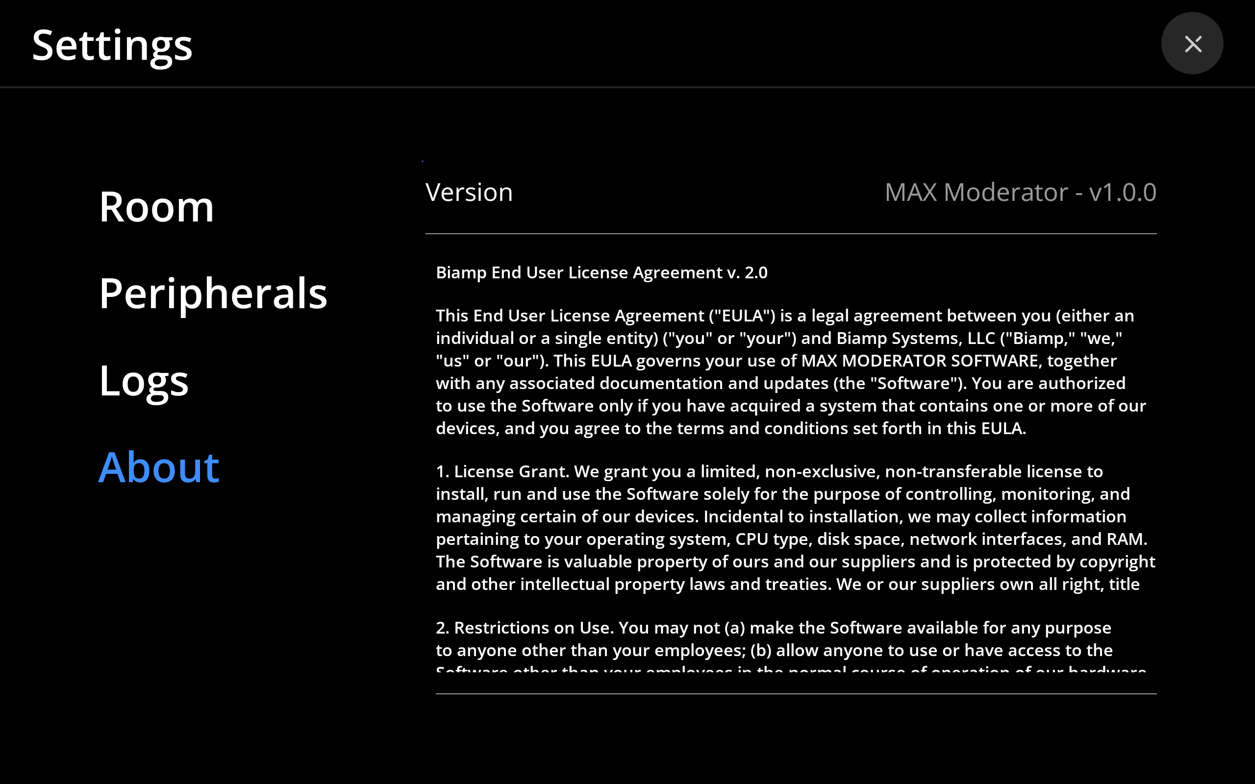 The Settings About page showing the app version and EULA agreement